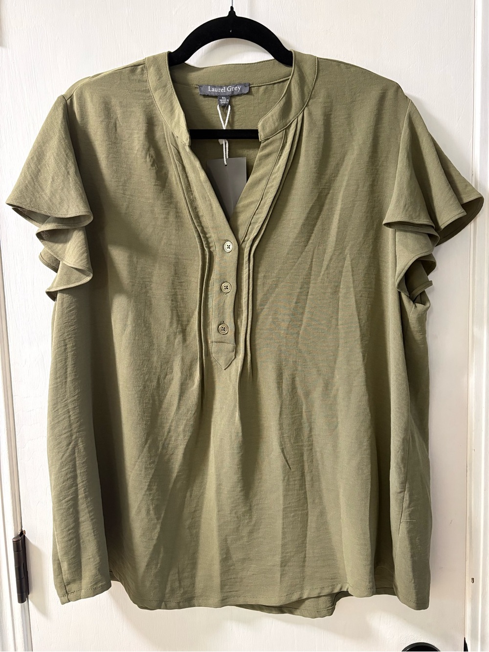 Olive Ruffle Sleeve Button-Front Blouse